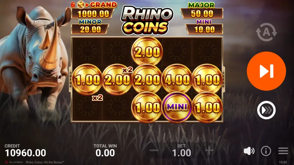 Coin Bonus Game with gold coin values and a multiplier on one cell