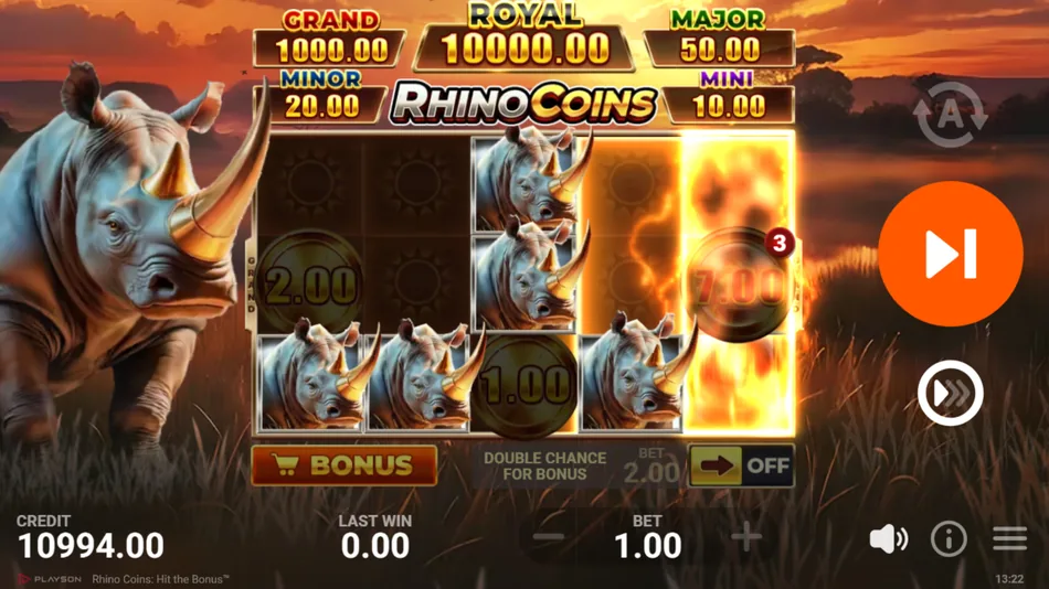 Rhino Bonus Game with a highlighted winning payline of rhino symbols
