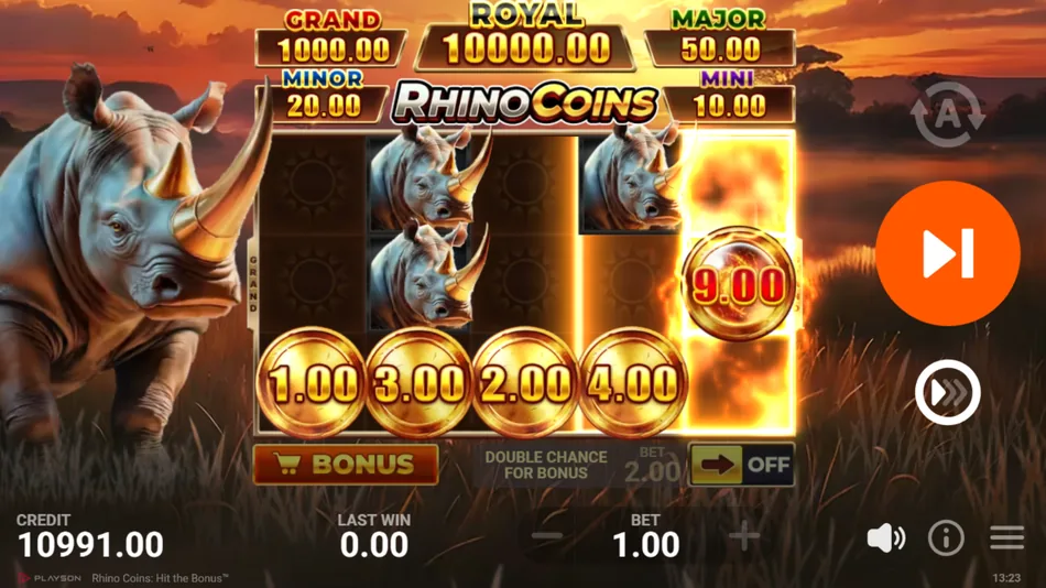 Rhino Coins base game with sticky bonus coins and rhino symbols on a 5x3 grid