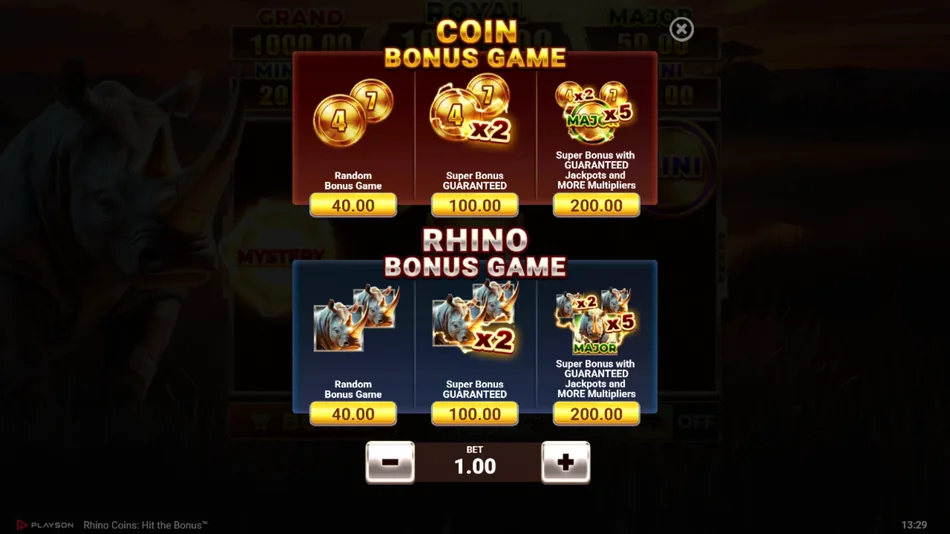 Buy Bonus menu with six coin and rhino bonus game options