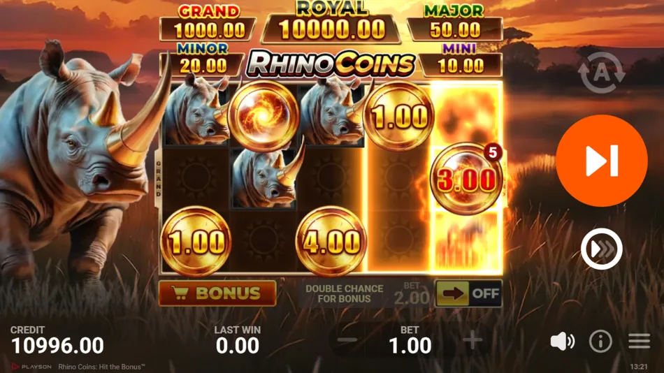 Sticky collect coin with a spin countdown on the Rhino Coins base game reels